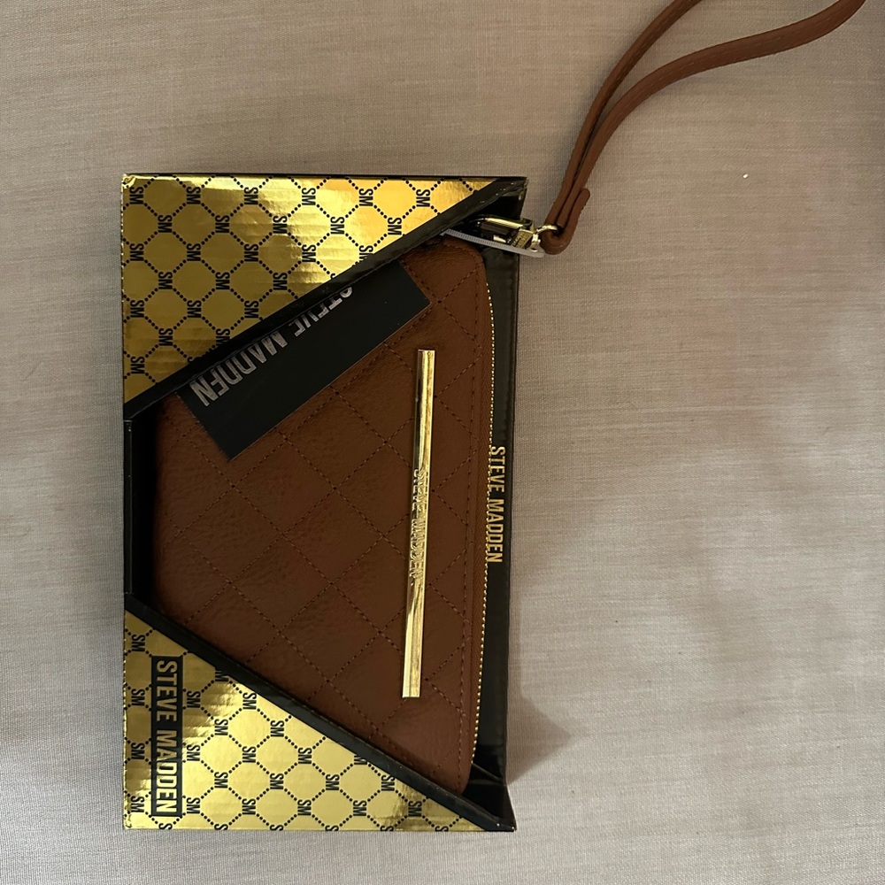 Steve Madden Tan Quilted Wristlet with Gold Detail
